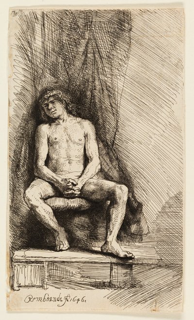 Alaston mies istuu verhon edessä tekijältä Rembrandt van Rijn