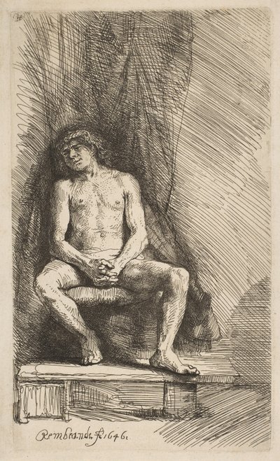 Alaston mies istuu verhon edessä, 1646. tekijältä Rembrandt van Rijn