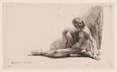 Alaston mies istuu maassa yksi jalka ojennettuna tekijältä Rembrandt van Rijn