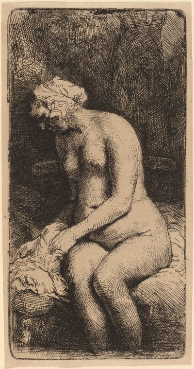Alaston istuva penkillä tyynyn kanssa (nainen kylpemässä jalkojaan purossa) tekijältä Rembrandt van Rijn