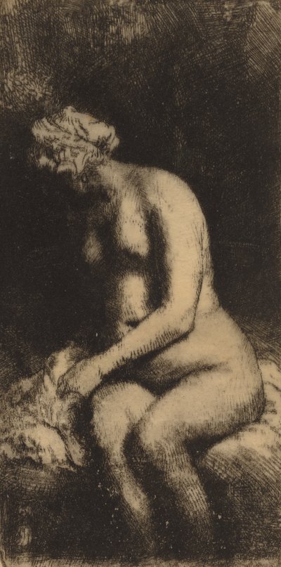 Alaston istuu penkillä ja tyynynainen uimassa jalkojaan purossa, 1658. tekijältä Rembrandt van Rijn