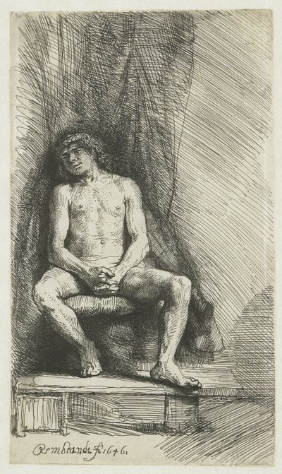 Alaston nuori mies, istuu verhon edessä Alaston mies istuu verhon edessä tekijältä Rembrandt van Rijn