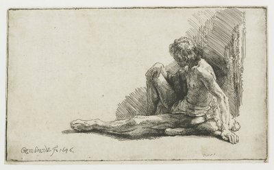 Alaston mies istuu maassa toinen jalka ojennettuna tekijältä Rembrandt van Rijn