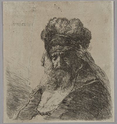 Vanha parrakas mies, jolla on korkea turkislakki ja silmät kiinni tekijältä Rembrandt van Rijn