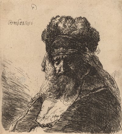 Home vell amb barba amb una gorra de pell alta, amb els ulls tancats, c. 1635. finlandès tekijältä Rembrandt van Rijn