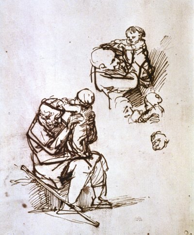 Vanha mies leikkii lapsen kanssa, 1635-1640 tekijältä Rembrandt van Rijn