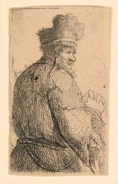 Vanha mies takaa nähtynä, profiili oikealle: puolihahmo tekijältä Rembrandt van Rijn