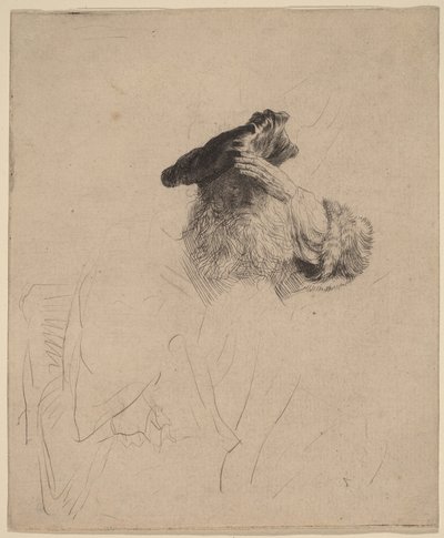 Vanha mies, joka suojaa silmiään kädellään tekijältä Rembrandt van Rijn
