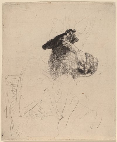 Vanha mies varjostaa silmänsä kädellä, c. 1639. tekijältä Rembrandt van Rijn