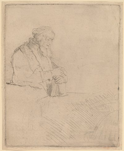 Vanha mies meditaatiossa, nojaten kirjaan tekijältä Rembrandt van Rijn