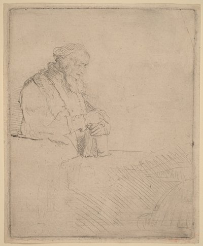 Mietiskelevä vanha mies, joka nojaa kirjaan tekijältä Rembrandt van Rijn