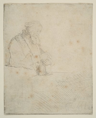Vanha mies meditaatiossa, kirjaan nojaten, n. 1645. tekijältä Rembrandt van Rijn