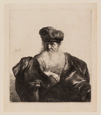Vanha mies, jolla on parta, turkislakka ja samettiviitta tekijältä Rembrandt van Rijn