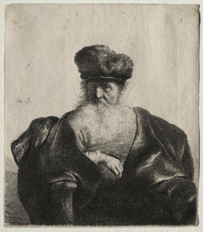 Vanha mies, jolla on parta, turkislakka ja samettiviitta tekijältä Rembrandt van Rijn