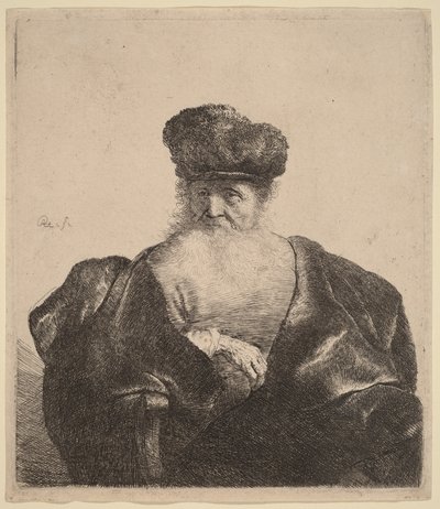 Vanha mies, jolla on parta, turkislakki ja samettimantteli tekijältä Rembrandt van Rijn