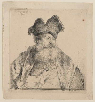 Vanha mies, jolla on kaksiosainen turkislakki tekijältä Rembrandt van Rijn