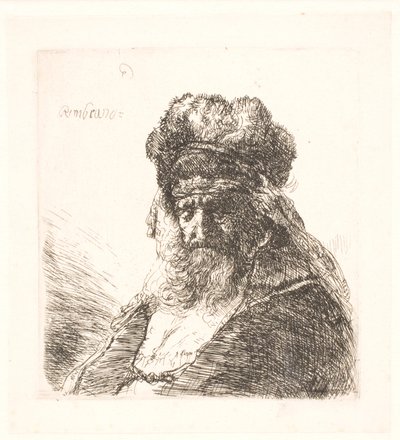 Vanha parrakas mies korkeassa turkislakissa, silmät kiinni tekijältä Rembrandt van Rijn