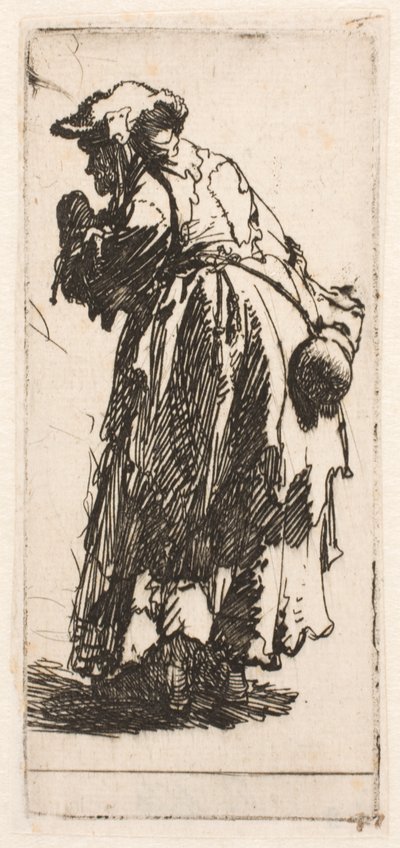 Vanha kerjäläisnainen, jolla on kurpitsa tekijältä Rembrandt van Rijn