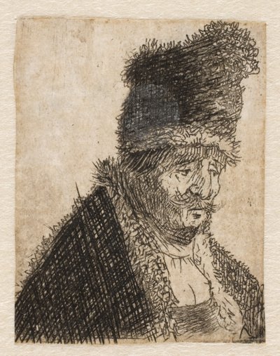 Turkistakkia ja korkeaa lakkia käyttävä vanha mies: rintakuva tekijältä Rembrandt van Rijn
