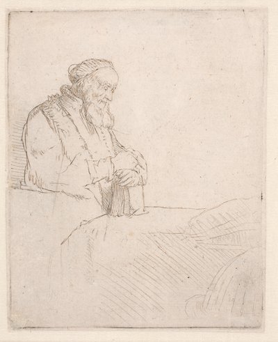 Meditoiva vanha mies, joka nojaa kirjaan tekijältä Rembrandt van Rijn