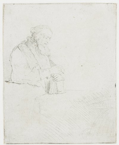 Meditoiva vanha mies, joka nojaa kirjaan tekijältä Rembrandt van Rijn