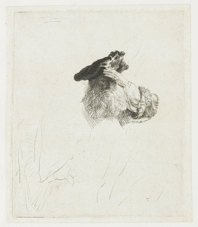 Vanha mies, joka suojaa silmiään kädellään tekijältä Rembrandt van Rijn