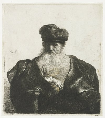 Vanha mies, jolla on parta, turkislakki ja samettiviitta tekijältä Rembrandt van Rijn