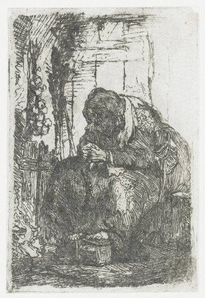 Vanha nainen sipulien kanssa, istumassa mökissä tekijältä Rembrandt van Rijn