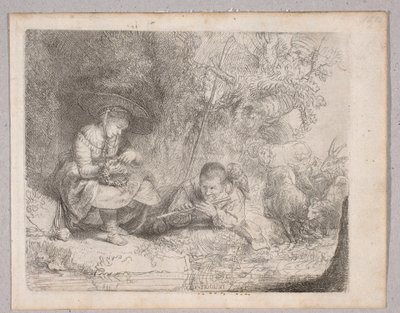 Huilua soittava paimen (Omvalin näkymä, jossa paimen ja huilua soittava henkilö) tekijältä Rembrandt van Rijn