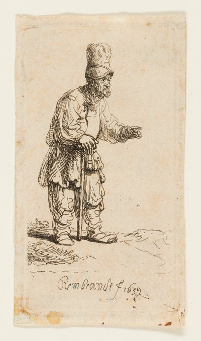 Talonpoika korkealakissa, seisomassa kepillä nojaten tekijältä Rembrandt van Rijn