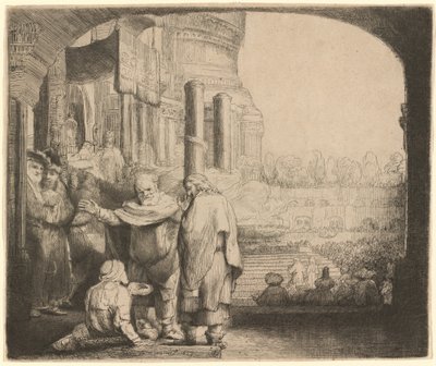 Pietari ja Johannes parantavat rampaa temppelin portilla tekijältä Rembrandt van Rijn