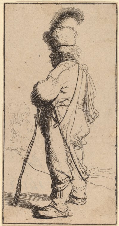 Puolalainen nojaten kepille tekijältä Rembrandt van Rijn