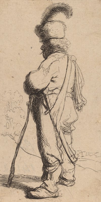 Puolalainen nojaten kepille, n. 1632. tekijältä Rembrandt van Rijn