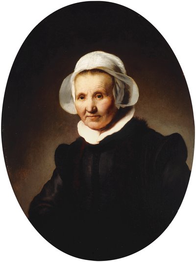 Naisen muotokuva, 62-vuotias, ehkä Aeltje Pietersdr. Uylenburgh, Johannes Corneliszin vaimo. Sylvius, puolipitkä mustassa puvussa., 1632 tekijältä Rembrandt van Rijn