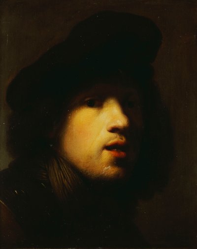 Muotokuva taiteilijasta, pää ja hartiat, mustassa baretissa ja rotkossa tekijältä Rembrandt van Rijn