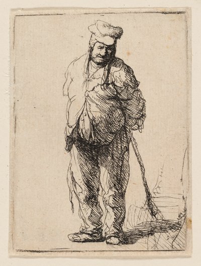 Räsynyt talonpoika kätensä takana, keppiä pitelemässä tekijältä Rembrandt van Rijn