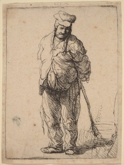 Rähjäinen talonpoika, kädet selän takana, keppi kädessään tekijältä Rembrandt van Rijn