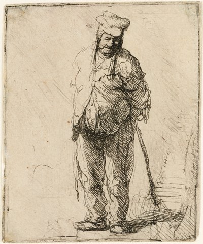 Räsytty talonpoika kädet takana, keppi kädessään, n. 1630. tekijältä Rembrandt van Rijn