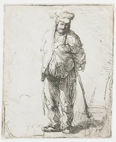 Rähjäinen talonpoika, kädet selän takana, keppi kädessään tekijältä Rembrandt van Rijn