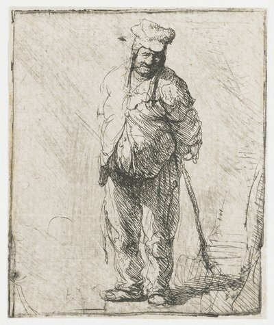 Rähjäinen talonpoika, kädet selän takana, keppi kädessään tekijältä Rembrandt van Rijn