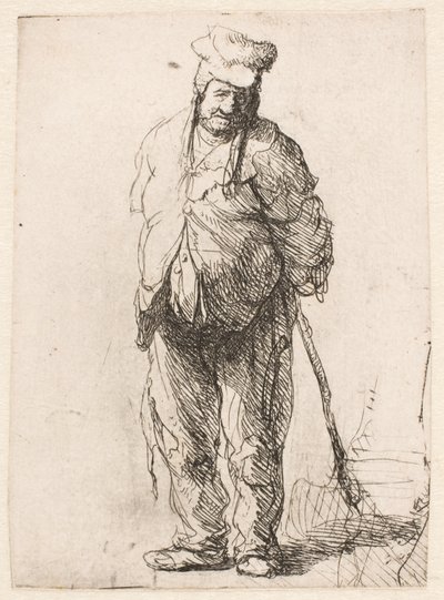 Rähjäinen talonpoika, kädet selän takana, keppi kädessään tekijältä Rembrandt van Rijn