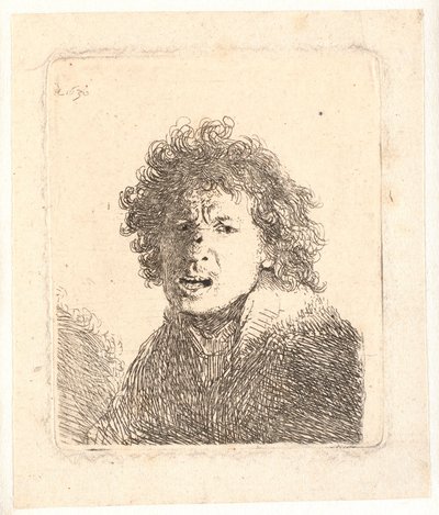 Rembrandt paljain pään ja suu auki, kuin huutaisi: rintakuva tekijältä Rembrandt van Rijn