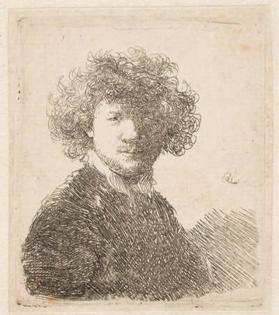 Rembrandt ilman päähinettä, paksut kiharat hiukset ja pieni valkoinen kaulus: rintakuva tekijältä Rembrandt van Rijn
