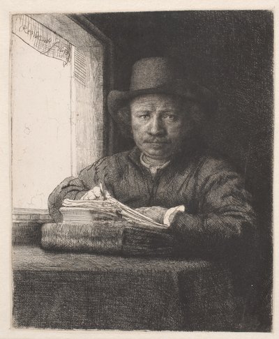 Rembrandt piirtää ikkunassa tekijältä Rembrandt van Rijn