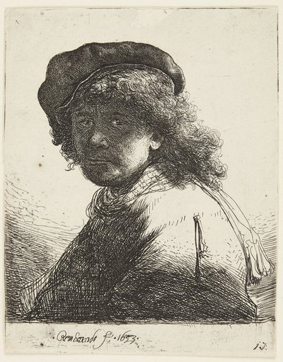 Rembrandt, jolla on lippalakki ja huivi tekijältä Rembrandt van Rijn