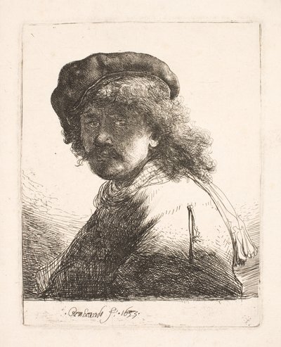 Rembrandt, jolla on lippalakki ja huivi: kasvot tummat: rintakuva tekijältä Rembrandt van Rijn