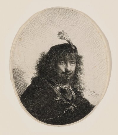 Rembrandt, jolla on höyhenkoristeltu lakki ja laskettu miekka tekijältä Rembrandt van Rijn