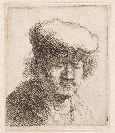 Rembrandt, jossa lippalakki on vedetty eteenpäin: rintakuva tekijältä Rembrandt van Rijn