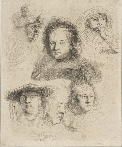 Rembrandtin vaimo ja viisi muuta päätä, 1636. tekijältä Rembrandt van Rijn