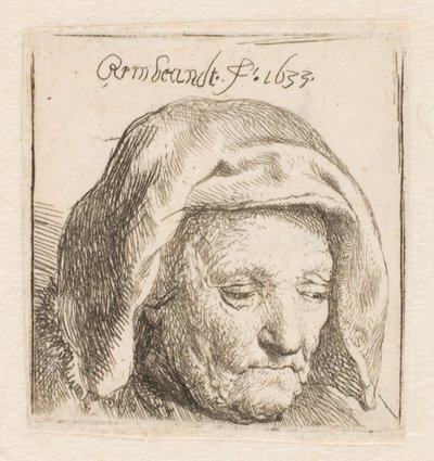 Rembrandtin äiti, jolla on päähine kankaasta, katse alaspäin: vain pää tekijältä Rembrandt van Rijn